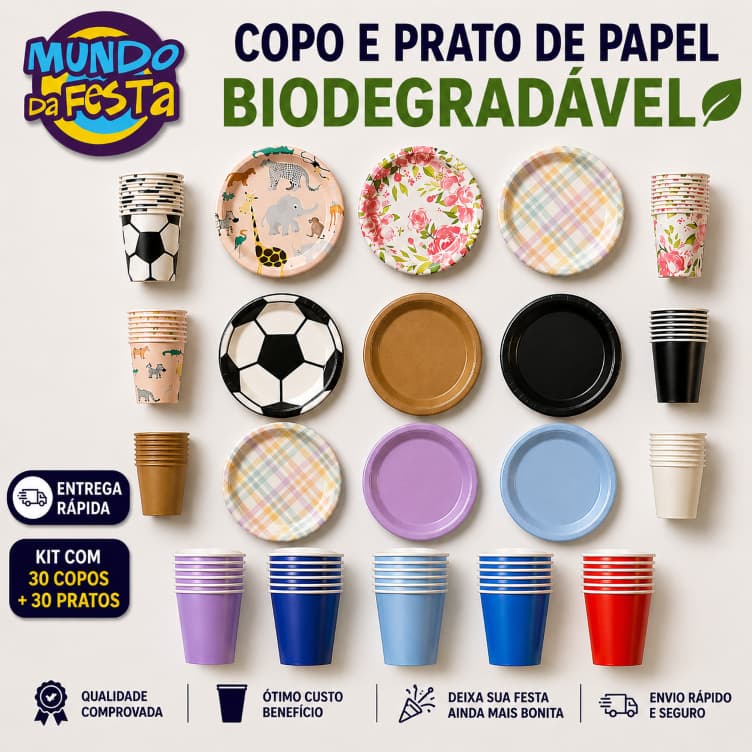 Kit Festa 60 unidades Papel Biodegradável Completo Descartável Copos Pratos Várias Cores