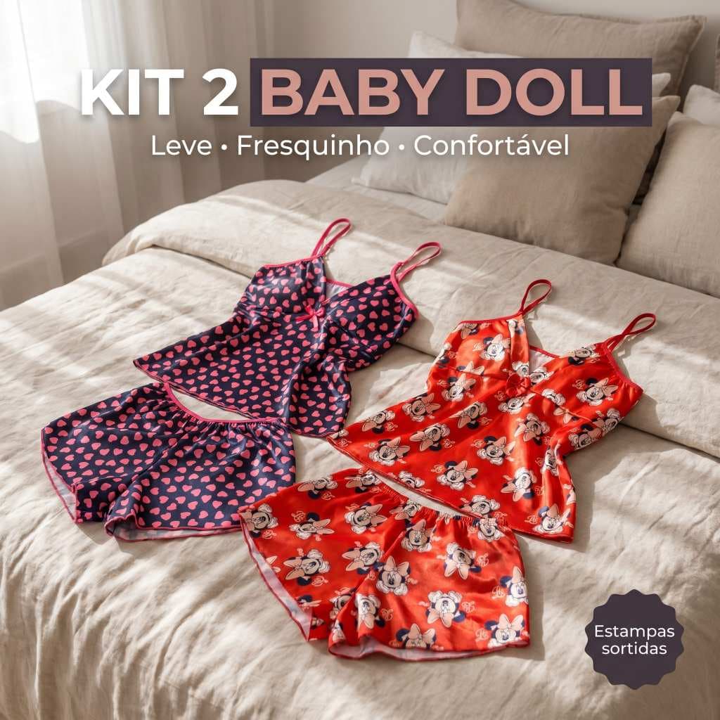 Kit 2 Pijamas Baby Doll Feminino em Poliéster Estampado Short Dool Adulto mais Conforto para Dormir Linha Noite