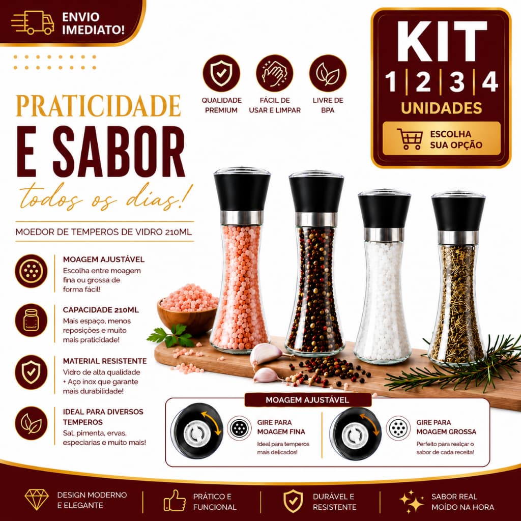 Moedor de Temperos 1/2/3/4 Vidro 210ml Sal Rosa Pimenta Moagem Ajustável Manual Cozinha Gourmet
