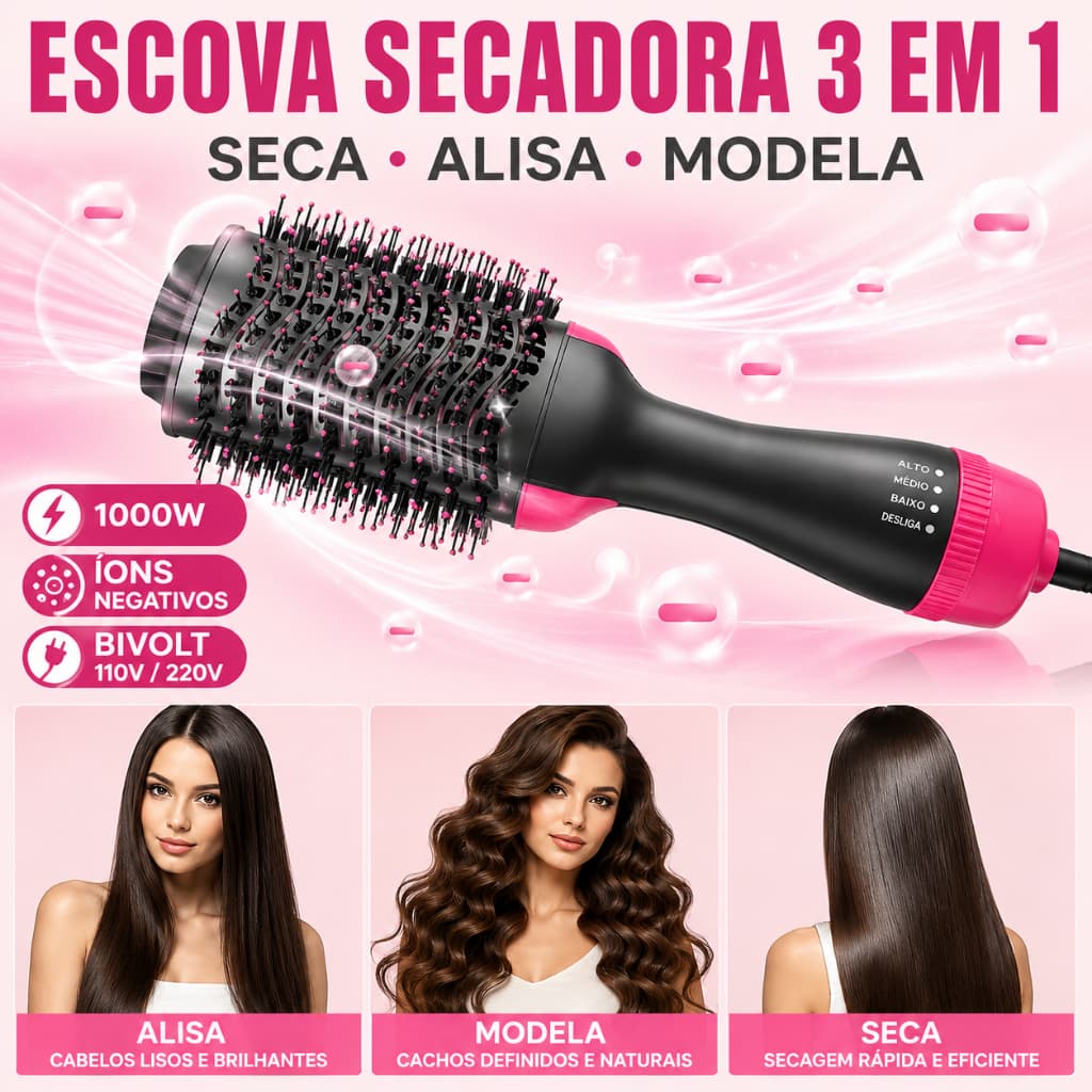 Escova Secadora 3 Em 1 220V Alisadora Modeladora Profissional 1000W Íons Negativos