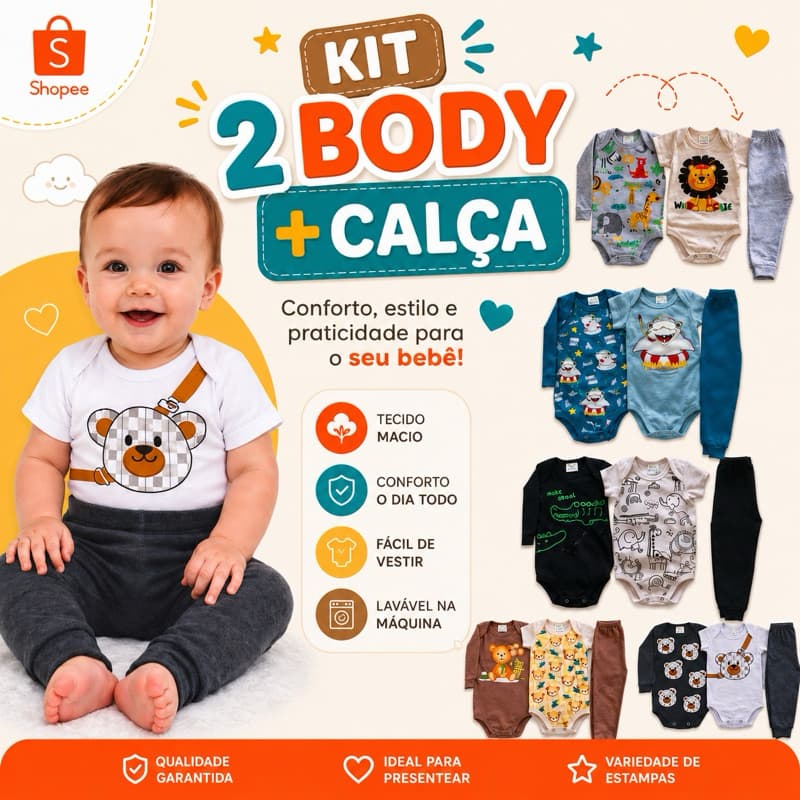 Kit 2 body com calça meia estação estampado bebê menino.3 peças.trijunto bebê