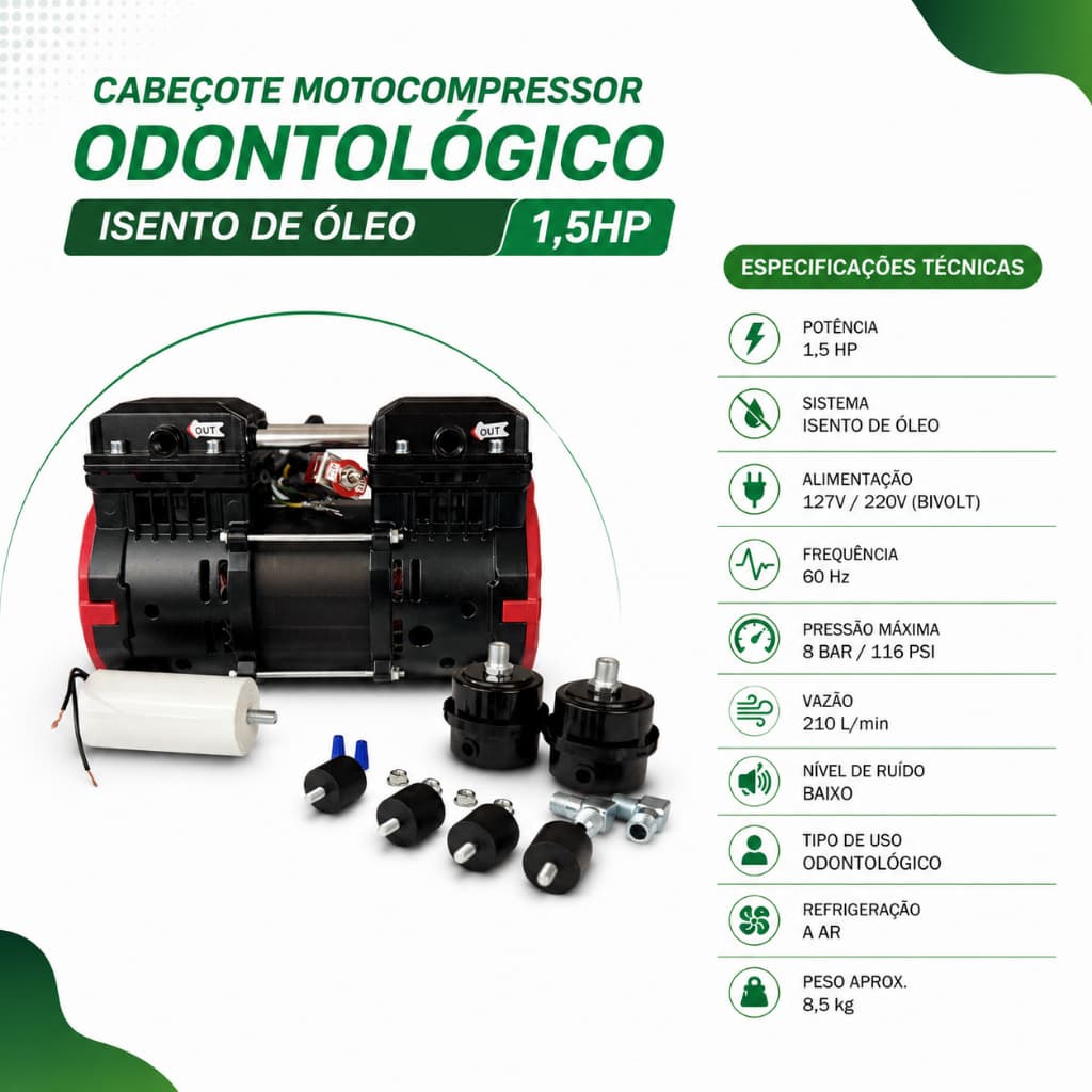 Cabeçote Motocompressor Odontológico Isento de Óleo 1,5HP 1390W 90L/min Bivolt Silencioso e Alta Performance
