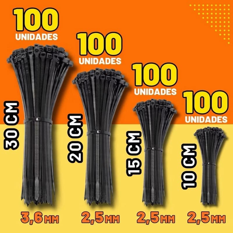 Kit 400 Abraçadeiras Cinta Nylon Plástica Enforca Gato 10cm - 15cm - 20cm - 30 cm - Preta / Branca