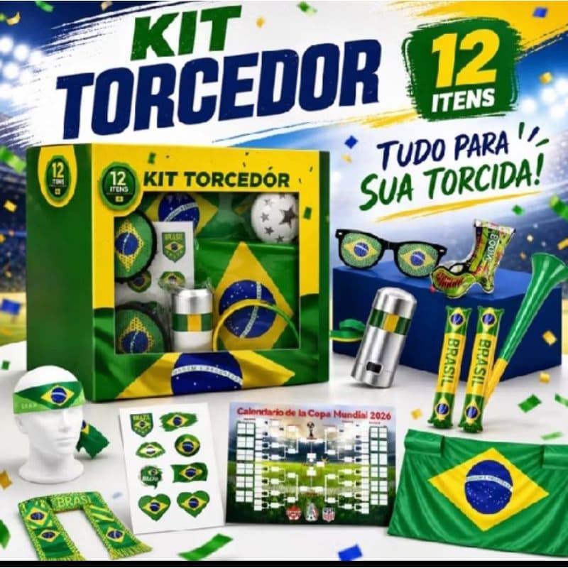 Kit Torcedor Brasil Copa 2026 Completo 12 Itens Bandeira Óculos Faixa Cachecol Bastões Infláveis Tinta Facial Pulseira