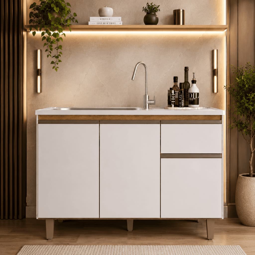 Balcão Para Cozinha Lavanderia Canadá 120 Cm com 3 Portas 1 Gaveta MDF/MDP Resistente Pés PVC