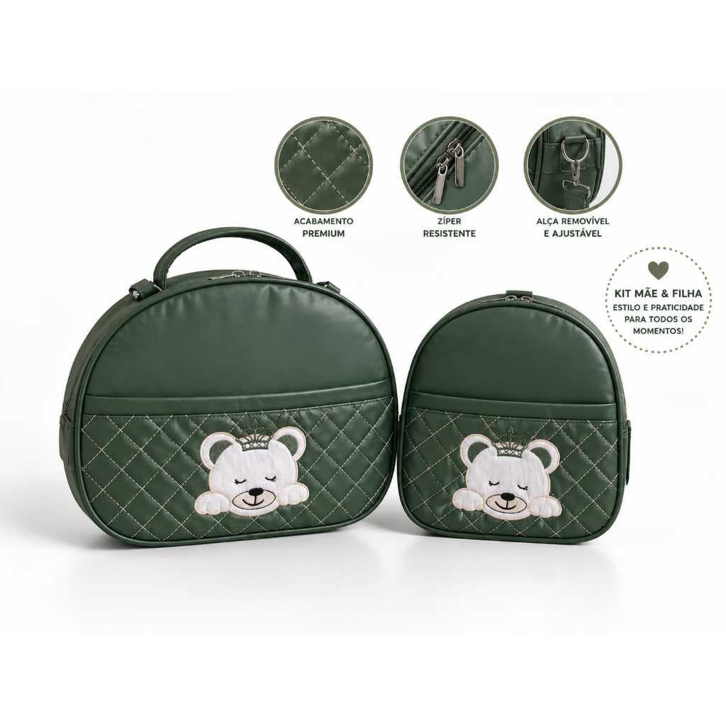 Kit Bolsa Maternidade 2 Peças Urso Real Couro Sintético Impermeável Mochila Bebê