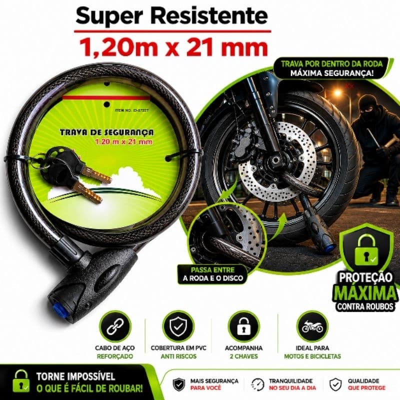 Trava Corrente Cadeado de Bicicleta e Moto 1,20m x 21mm Grosso
