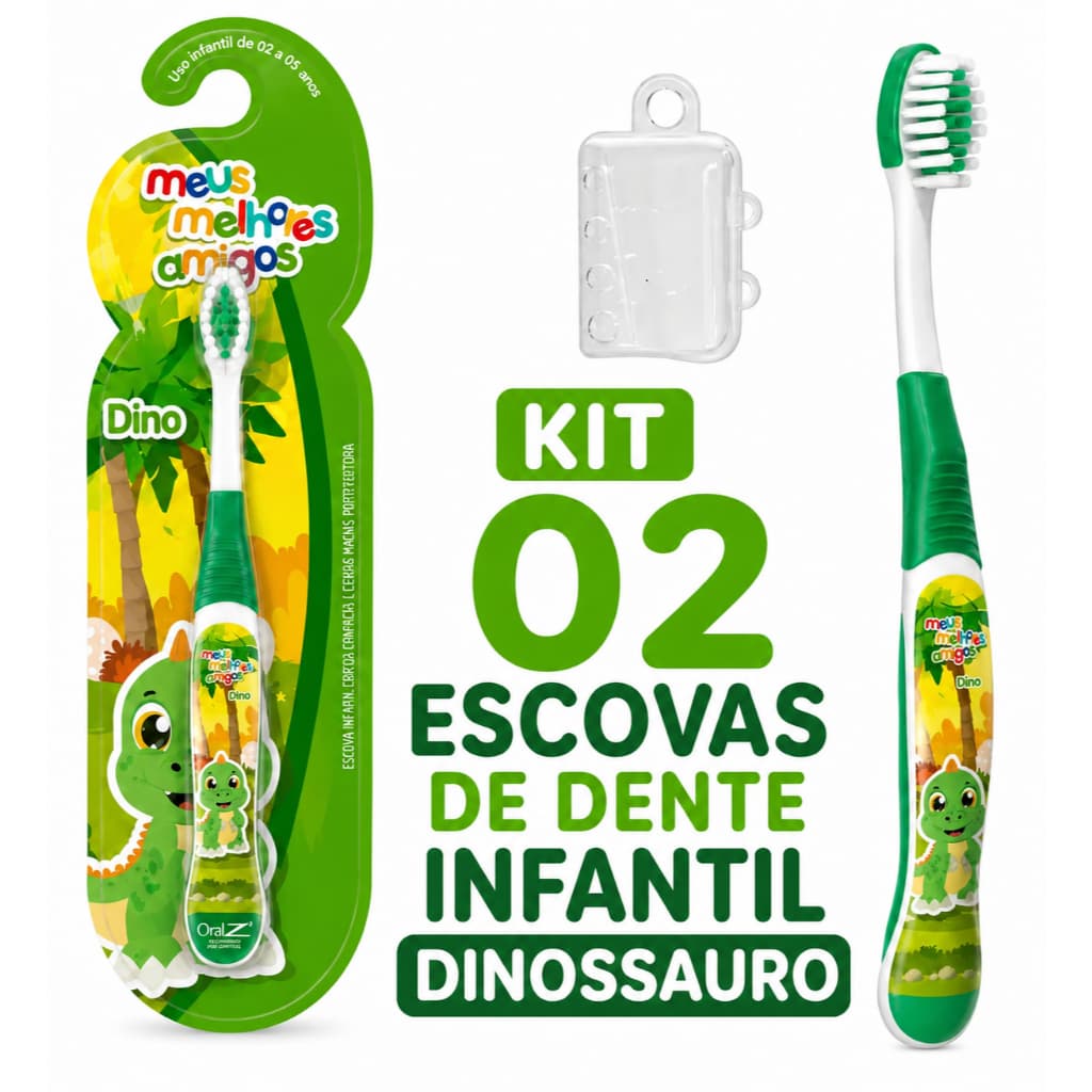 Kit 02 Escova De Dente Infantil Dinossauro Cerdas Macia Com Capa Protetora de Cerdas