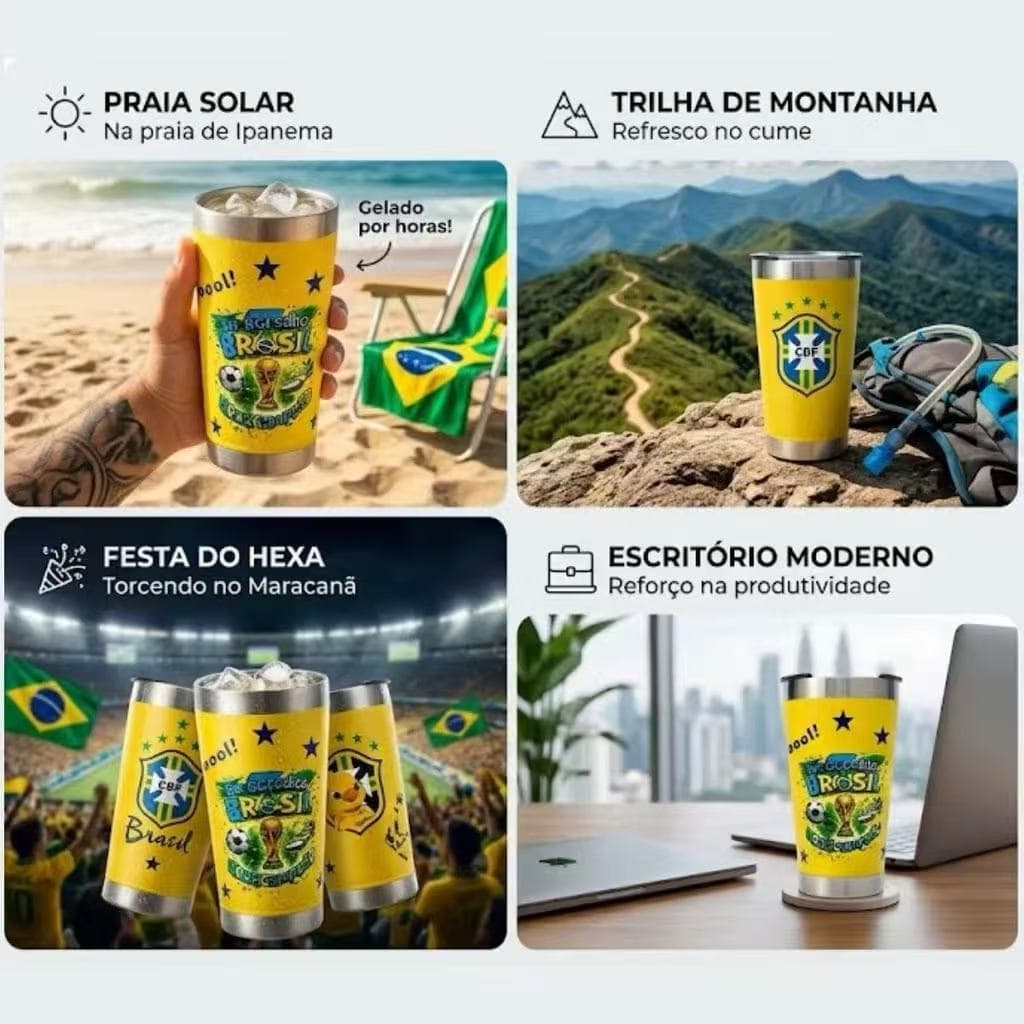 Copo Térmico Com Tampa 473ml Aço Inox Copa Do Mundo Brasil Hexa Desenho Brasil