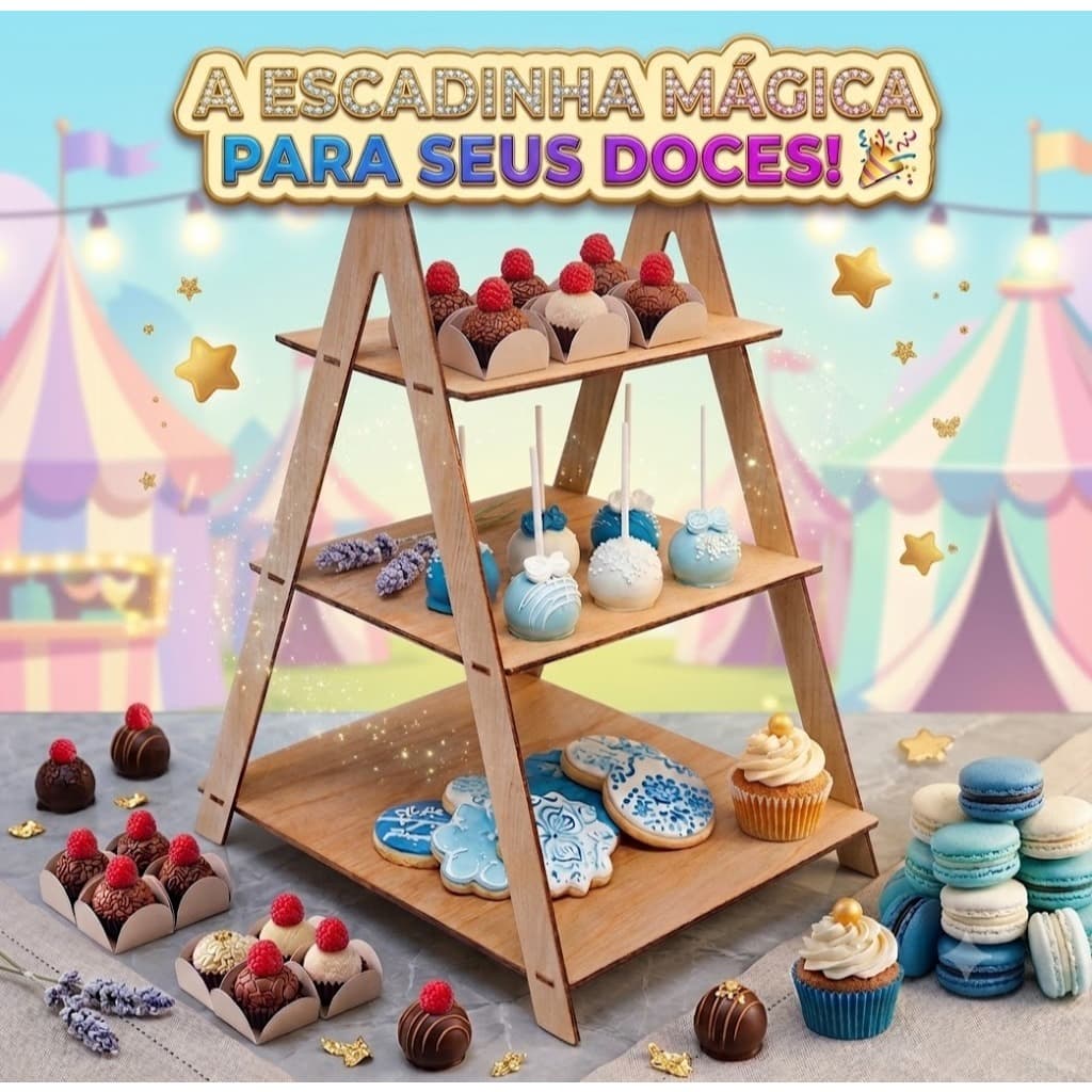 Escada MDF Cru 3 Degraus Desmontável – Suporte Doces Decoração Festa Premium