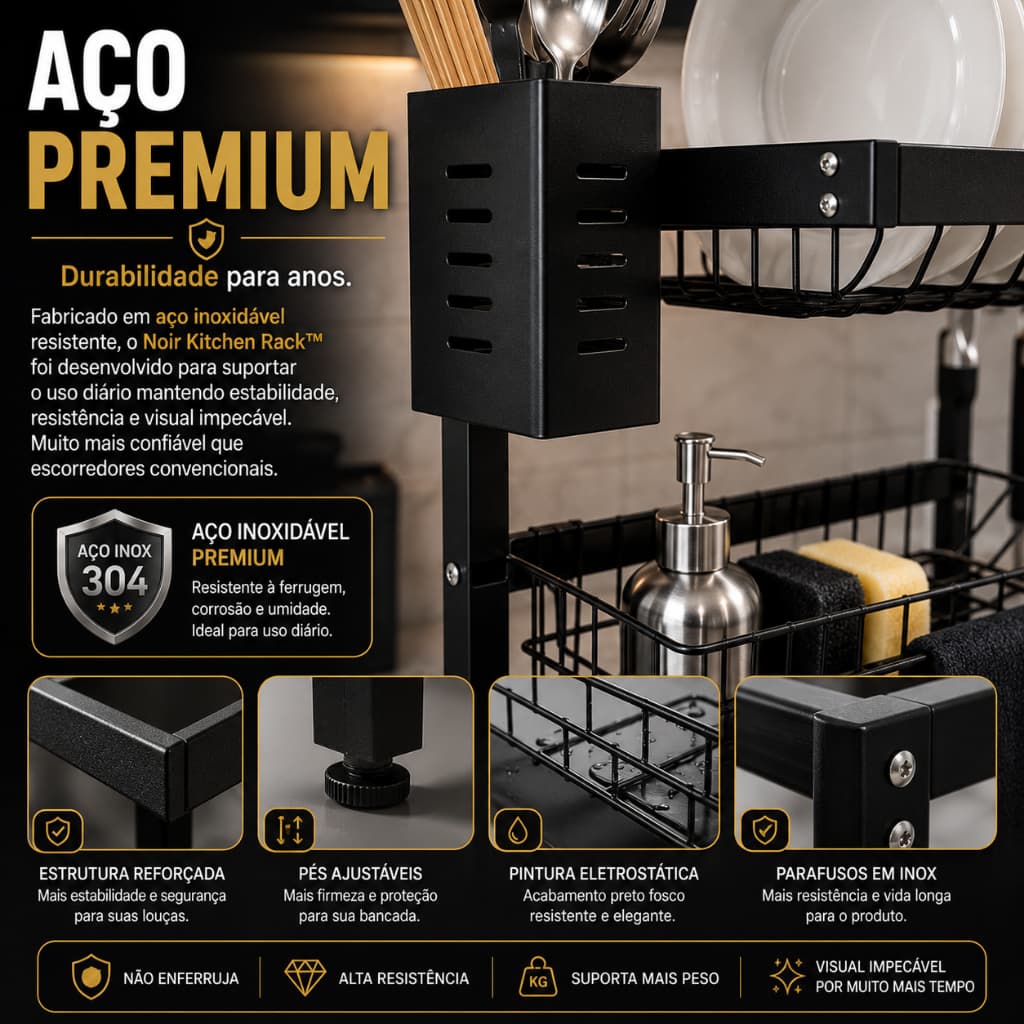 Escorredor De Louças Sobre Pia Aço Inox Preto Porta Pratos Copos Talheres Organizador Cozinha - Noir Kitchen Rack™