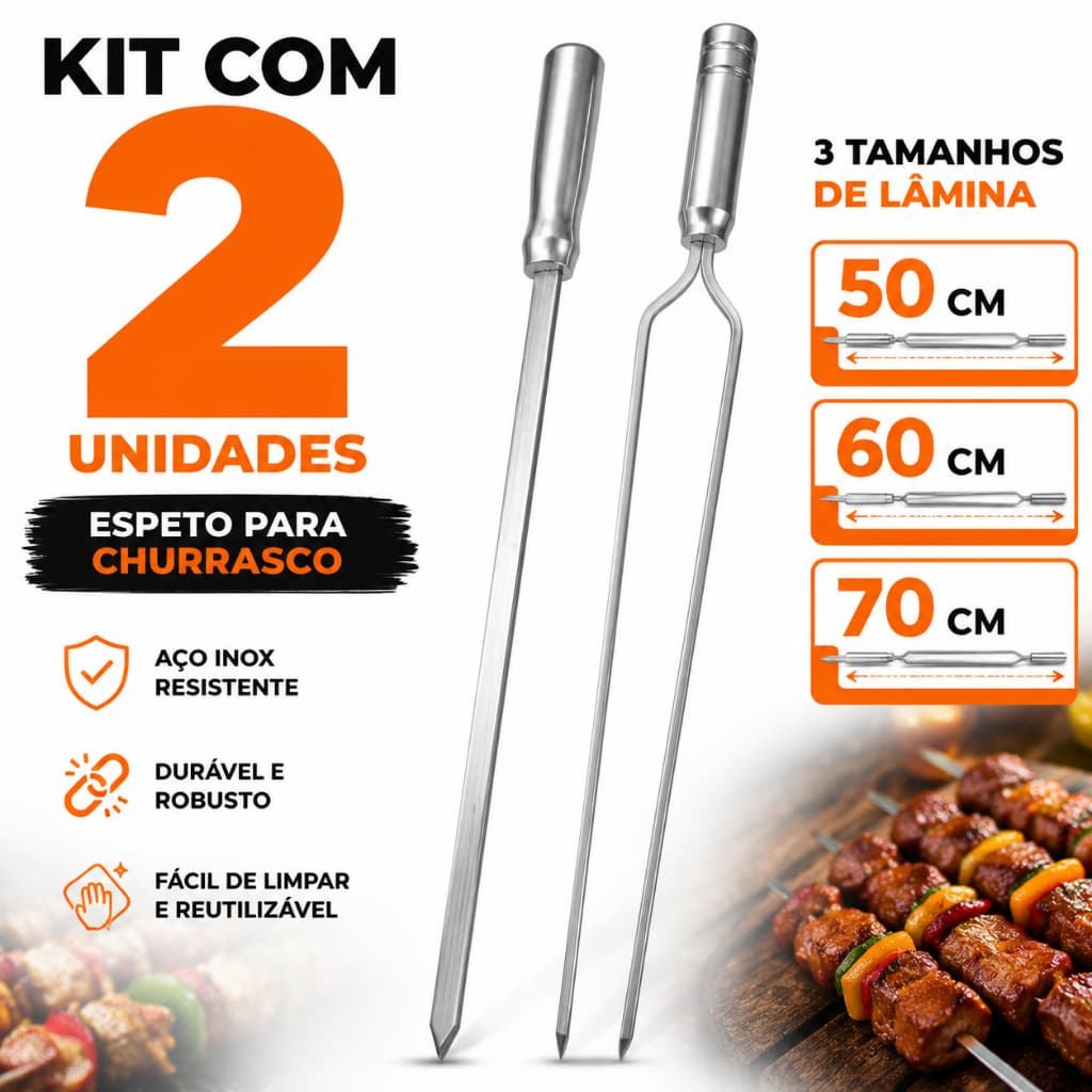 Kit 2 Espetos Churrasco Aluminio Duplo Simples Barra Chata 50cm 60cm 70cm Resistente Alta Qualidade