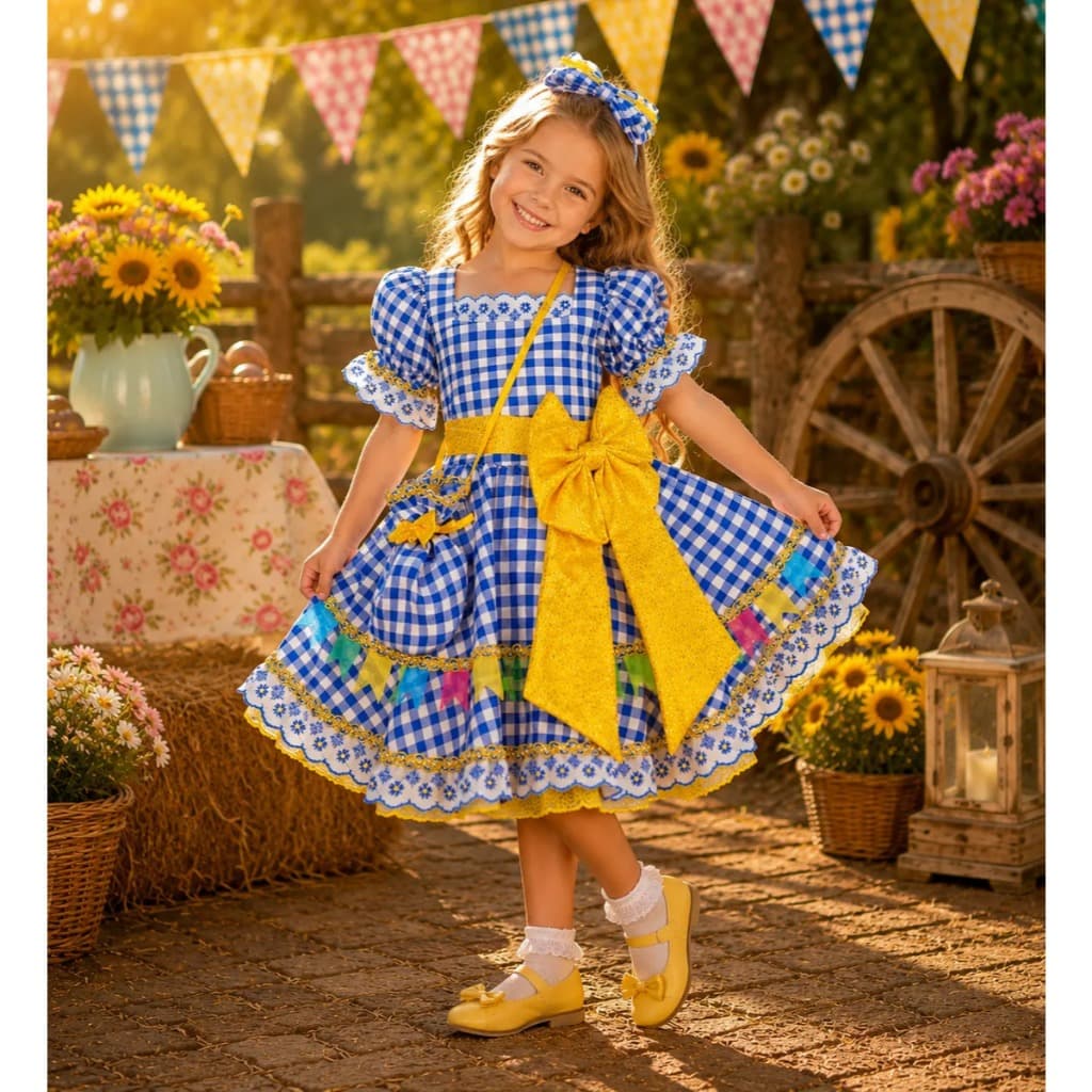 Vestido Festa Junina Infantil Luxo Menina Com Laço Gigante