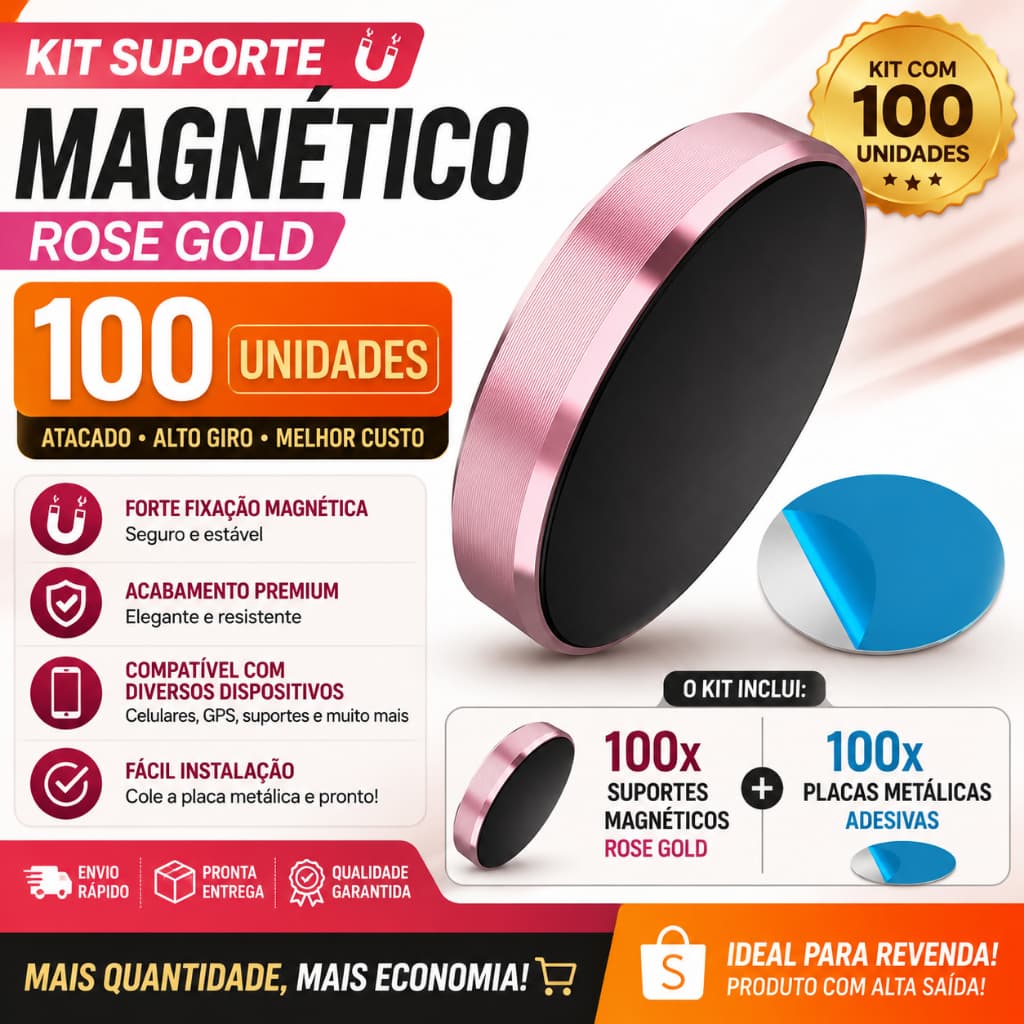 Kit 100 Suportes Magnéticos Celular Rose Gold Com Placas Adesivas