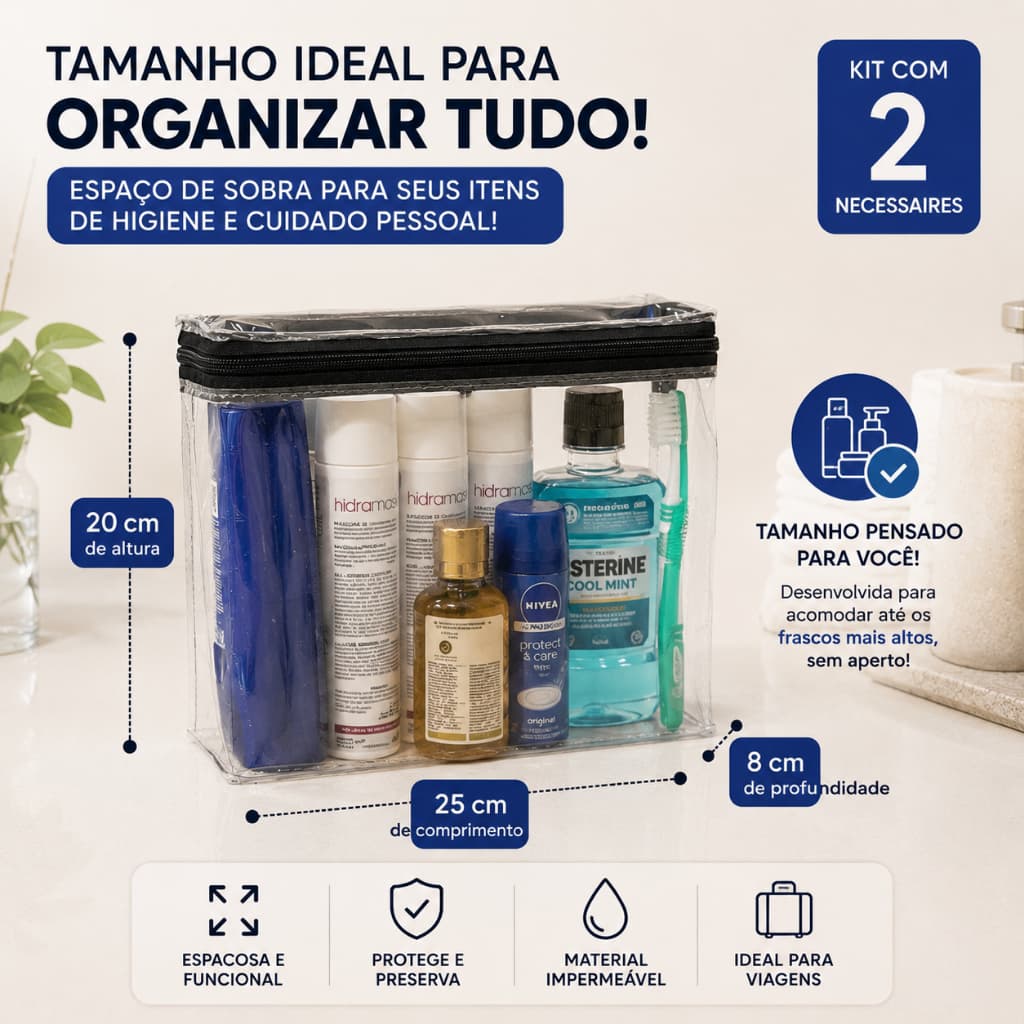 Necessaire Transparente Multiuso Organizador Mala Viagem Maquiagem Banheiro Impermeável Kit 1-2-3