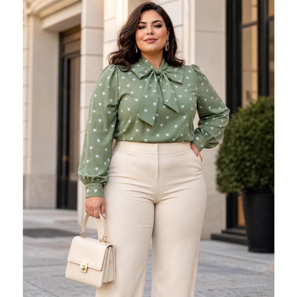 Blusa Feminina Social Estampa Coração com Laço no Pescoço Manga Longa Elegante