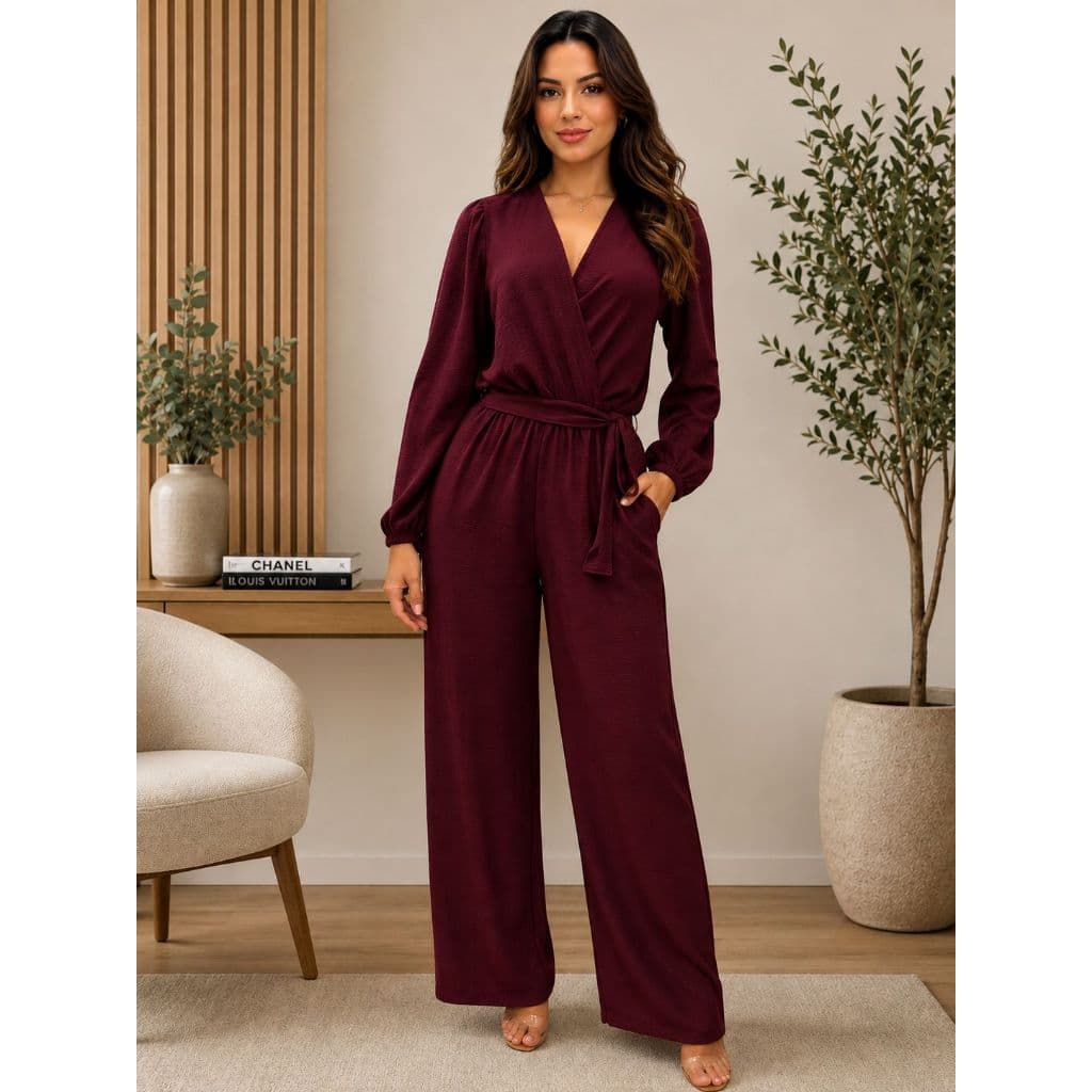 Macacão Feminino Duna Manga Longa, Decote Transpassado, Pantalona - Elegância e Conforto 2026