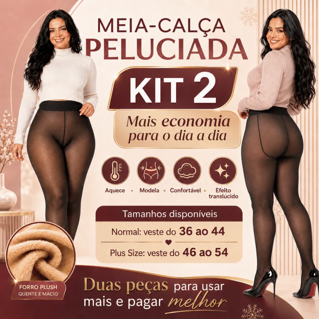KIT 2 Meia Calça Segunda Pele Peluciada Térmica Translúcida Modeladora Forrada Plush Cintura Alta