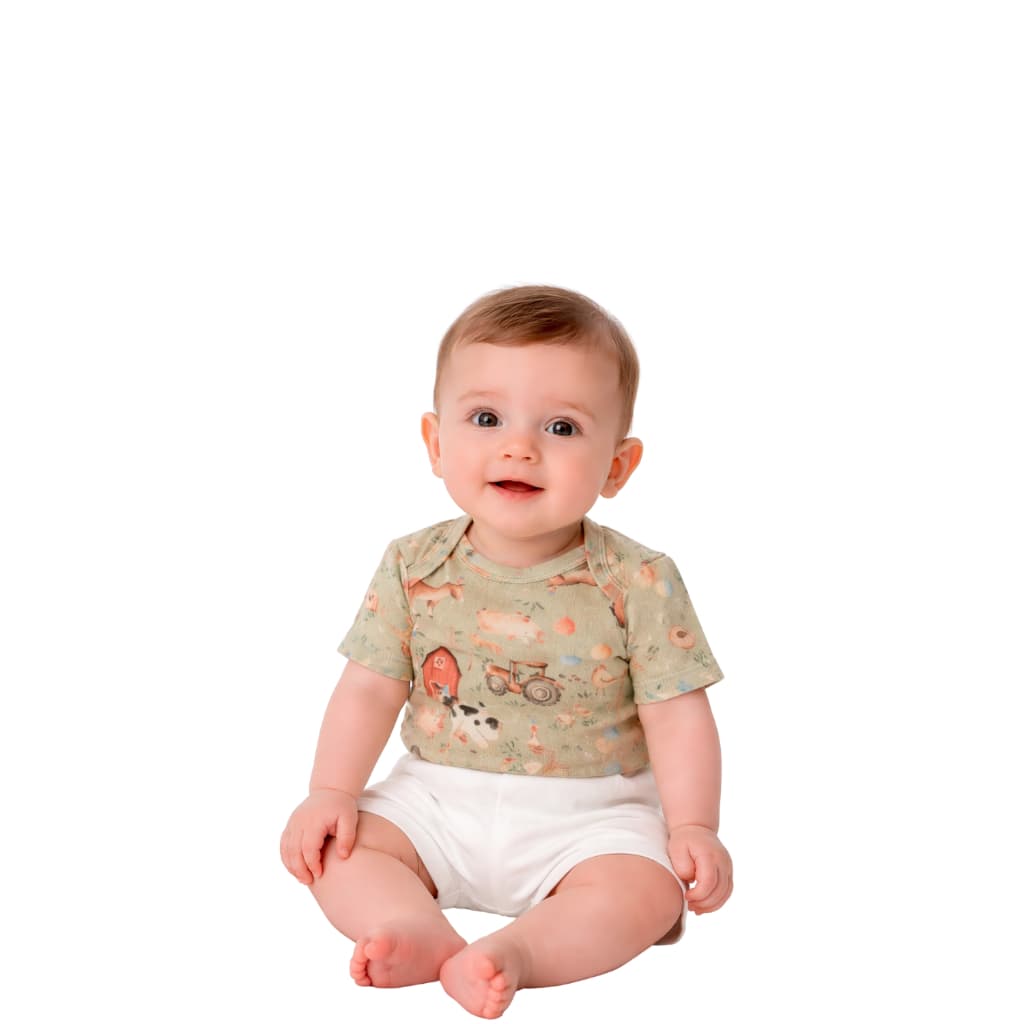 Conjunto Menino Body Manga Curta e Shorts Bebê Estampa Fazendinha - Algodão Nobre Muito Macio