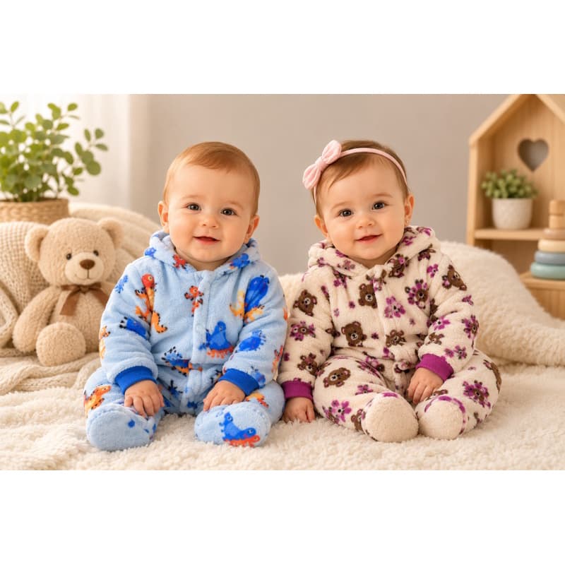 🌟 Kit com 2 Macacões Bebê Fleece Peluciado Quentinho Inverno Menino e Menina P ao G Estampas Sortidas