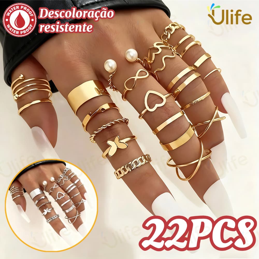 22 pçs Conjunto De Anel De Dourado Vintage Mulheres Conjunto De Mulheres Acessórios De Joias Punk Moda-UF