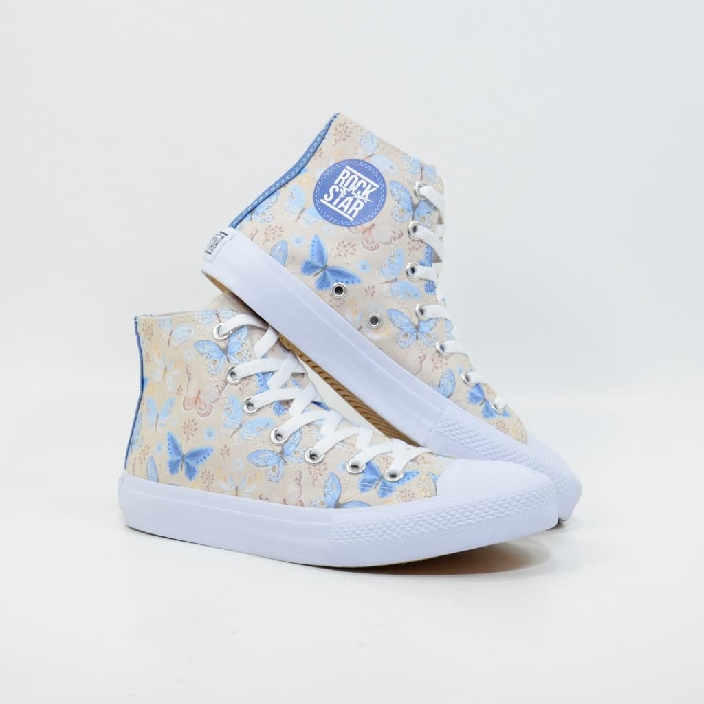 Tênis Feminino Delicado Cano Alto Botinha Estampado Borboleta Bege Casual Clássico