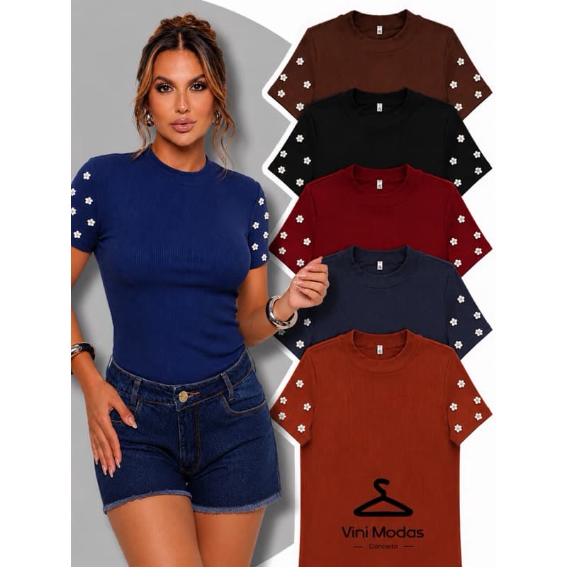Camiseta Canelada Ribana Premium Com Florzinhas Aplicadas Nas Mangas