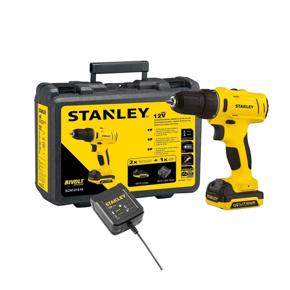 Parafusadeira e Furadeira STANLEY SCH121S2K Com 2 Baterias, Carregador e Maleta 110V