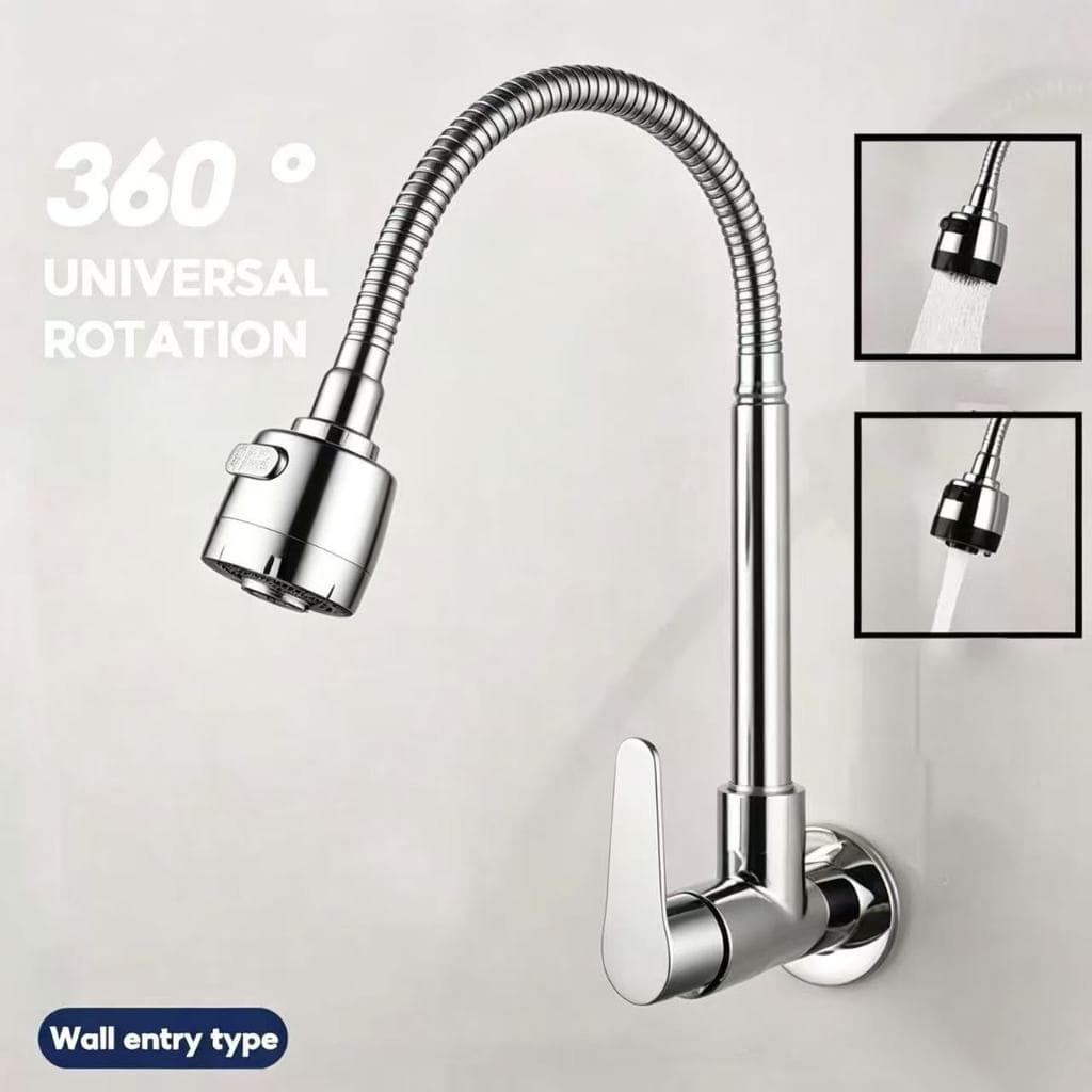 Torneira de Parede Monocomando Água Fria Flexível 360° Jato Duplo Inox 304 para Cozinha Gourmet Pia