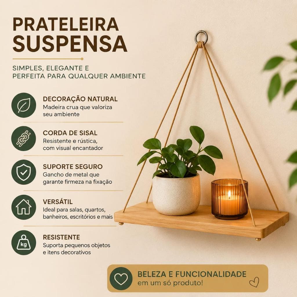 KIT ATÉ 4 PRATELEIRA SUSPENSA NICHO DECORATIVA MDP RÚSTICO SISAL PAREDE MODERNO SALA QUARTO BANHEIRO