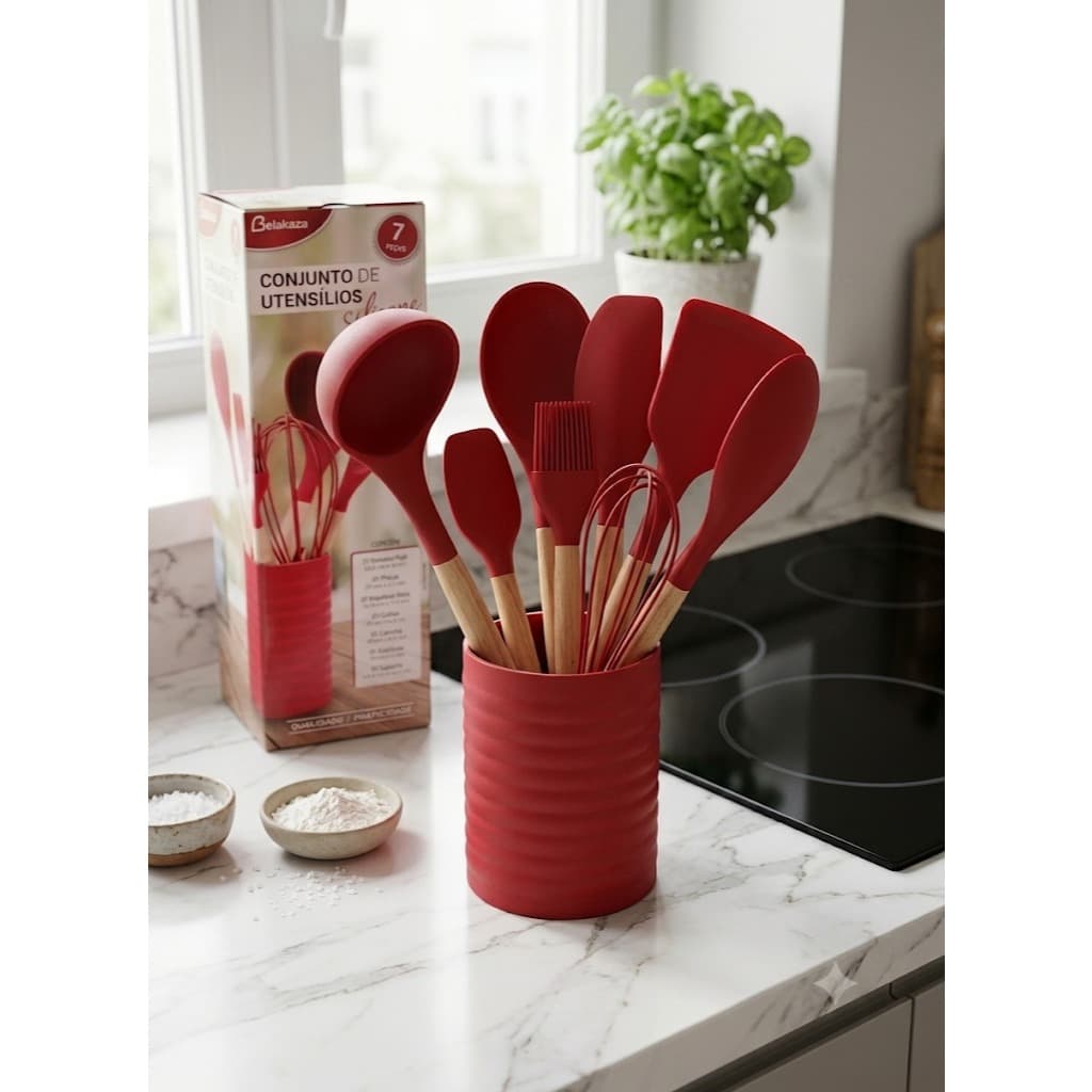 Conjunto de utensilios de Silicone para Cozinha 7 unidades Vermelho