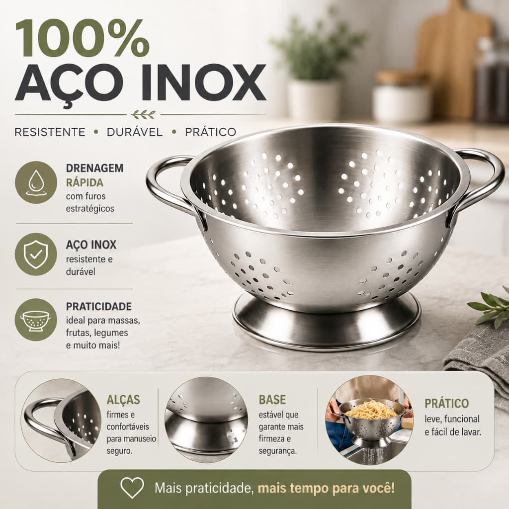 Escorredor Macarrão  Inox Profissional Cozinha Industrial Resistente