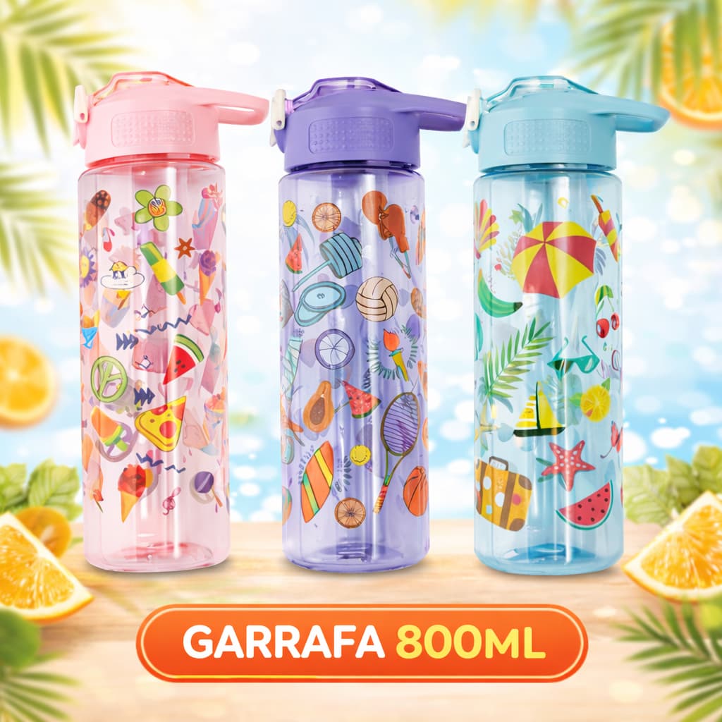 Garrafa Squeeze 800ml com Canudo Tampa Flip Estampada Sortida PP e PC