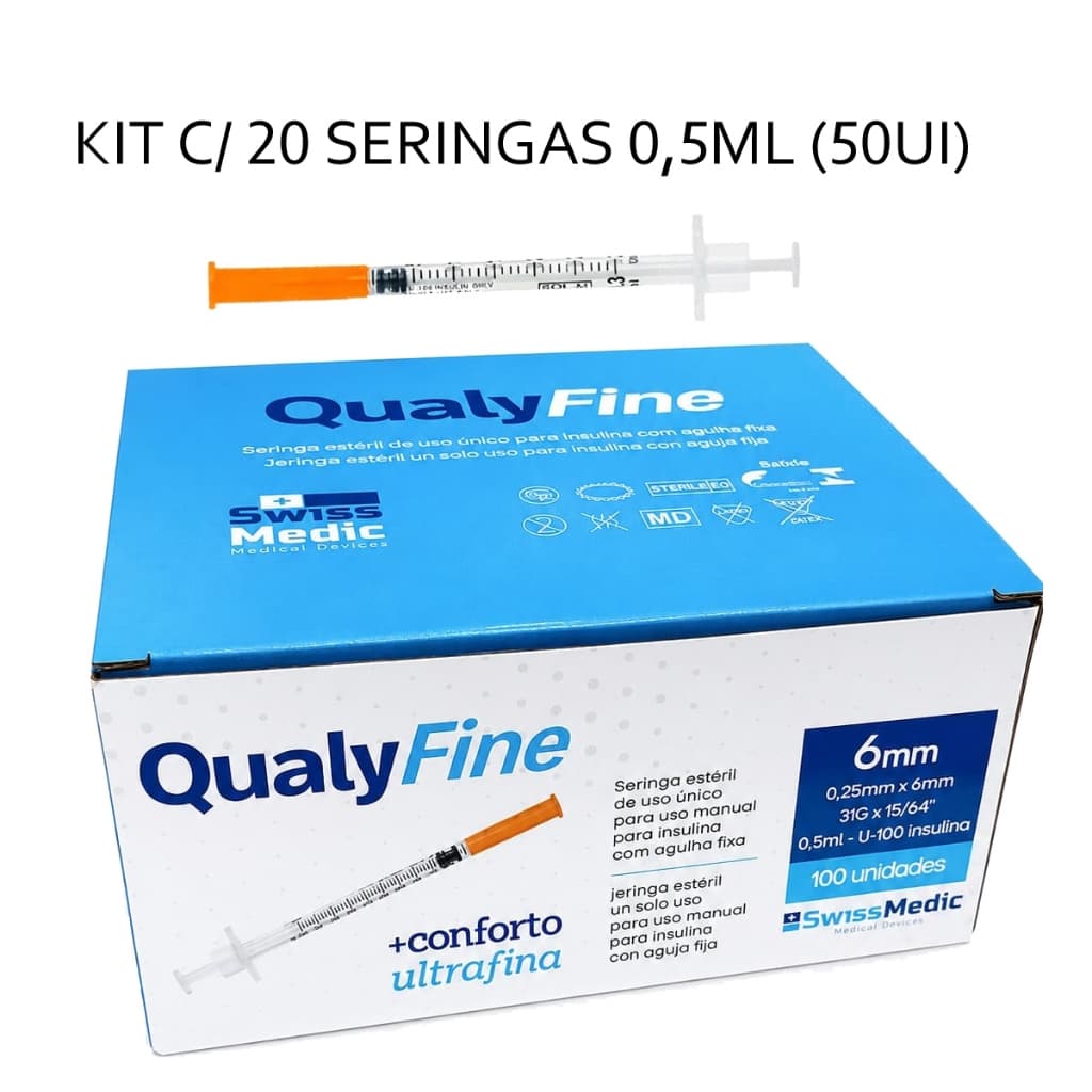 **KIT C/ 20** Seringas Insulina QualyFine Swiss Medic 0,5ml (50ui) Agulha Curta (6x0,25mm)