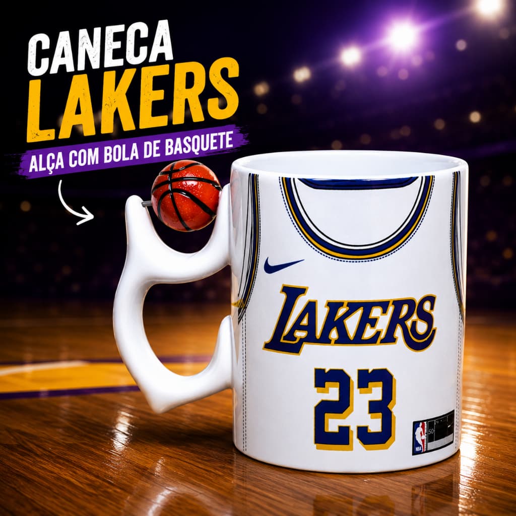 Caneca Los Angeles Lakers NBA com Alça Bola de Basquete 325ml Presente para Fãs de Basquete