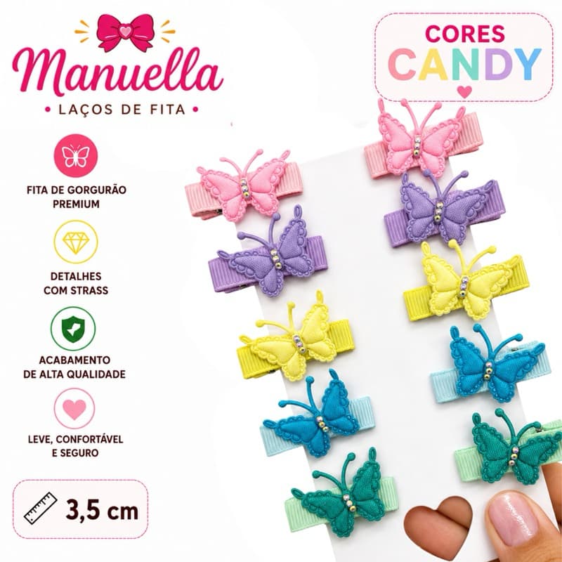 Kit Presilhas Borboleta Coloridas Laço Infantil Bebê 3,5 cm