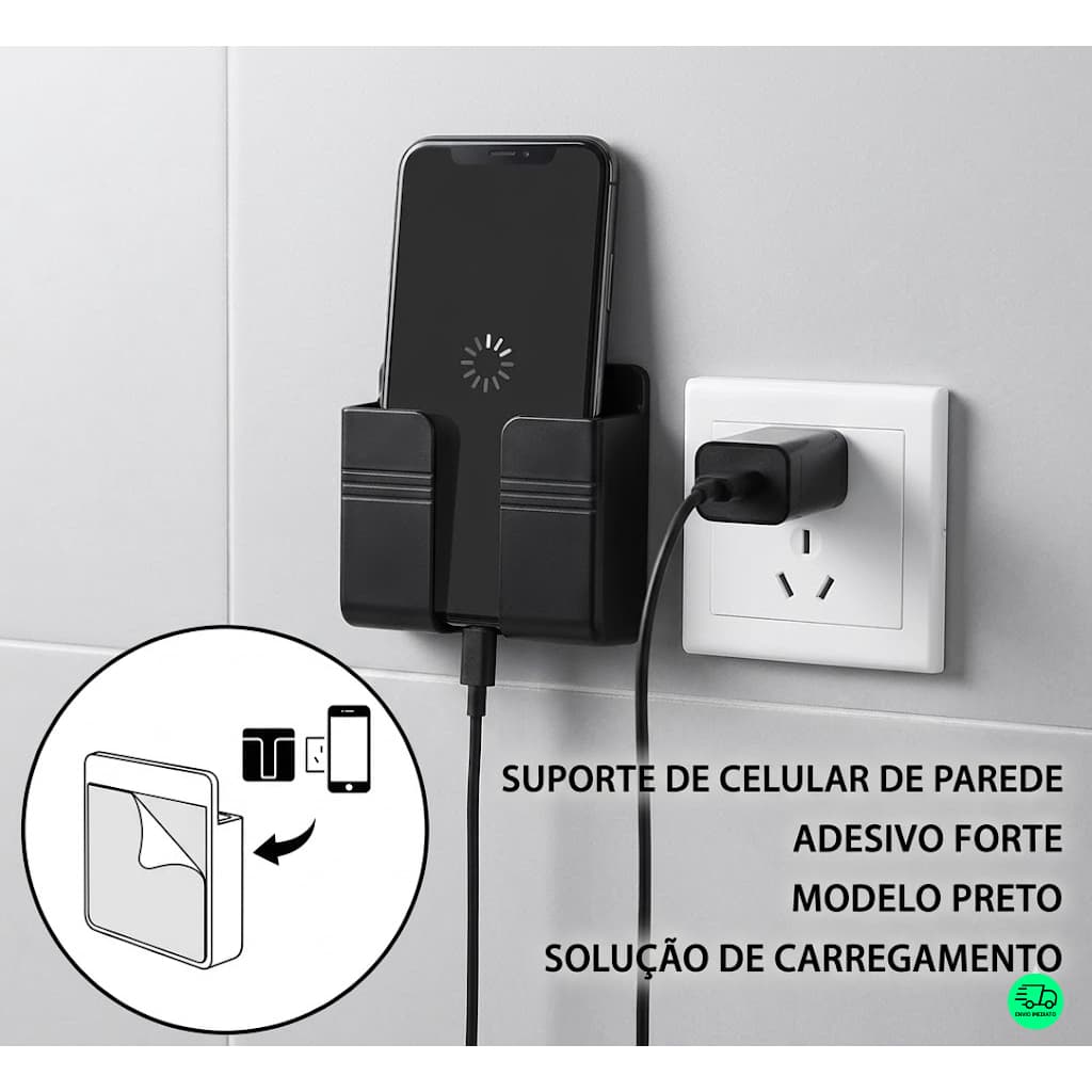Suporte de Celular Parede Para Carregar Multiuso com Adesivo Preto/Branco UN e Kit
