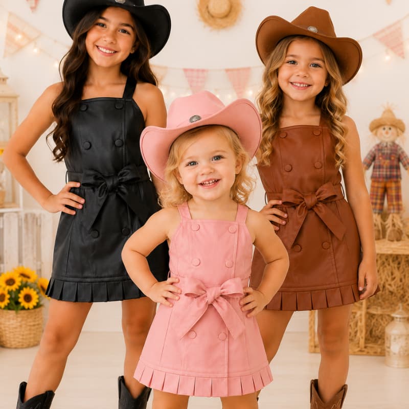 Vestido Mini Boiadeira Infantil Couro Fake Festa Junina Menina com Laço Tamanhos 2 ao 10
