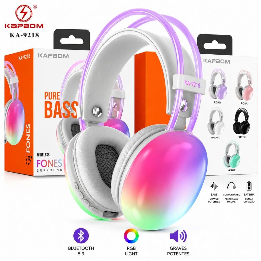 Fone Bluetooth Kapbom KA-9218 RGB Sem Fio Bluetooth 5.3 Graves Potentes USB-C e Entrada P2