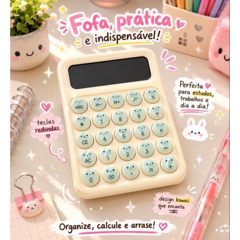 Calculadora Kawaii 12 Dígitos Amarela e Verde Visor Grande Mesa Escritório Escola Portátil