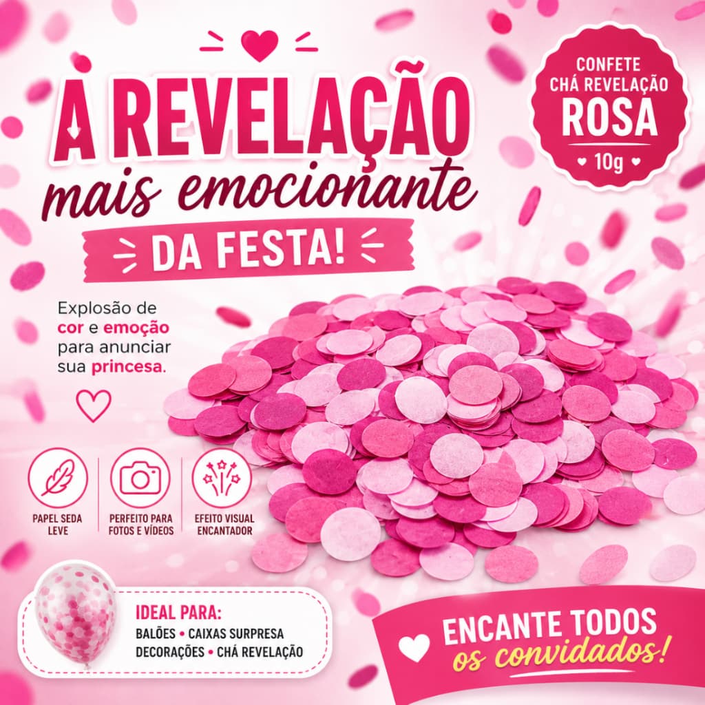 Confete Chá Revelação Rosa 10g Papel Seda Para Balão Caixa Surpresa Festa Bebê Menina Decoração