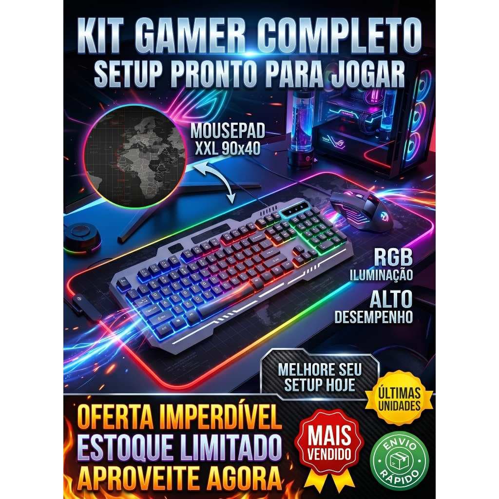 Setup Gamer Aportex Teclado Semi-Mecânico + Mouse 3200 DPI + Mousepad RGB Mapa Mundi
