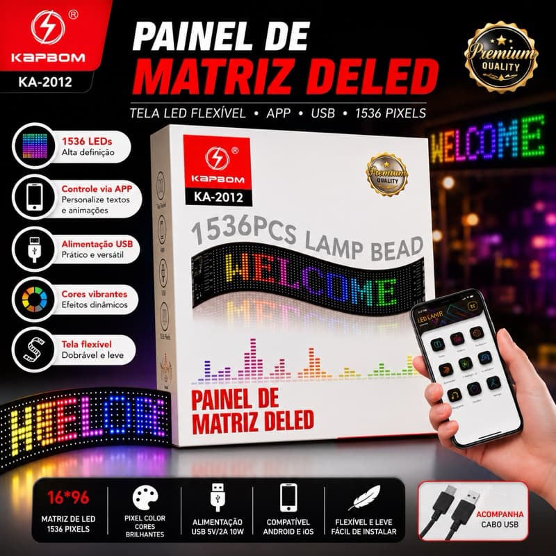 Painel de Matriz LED RGB Kapbom KA-2012 – 1536 LEDs Programável por App