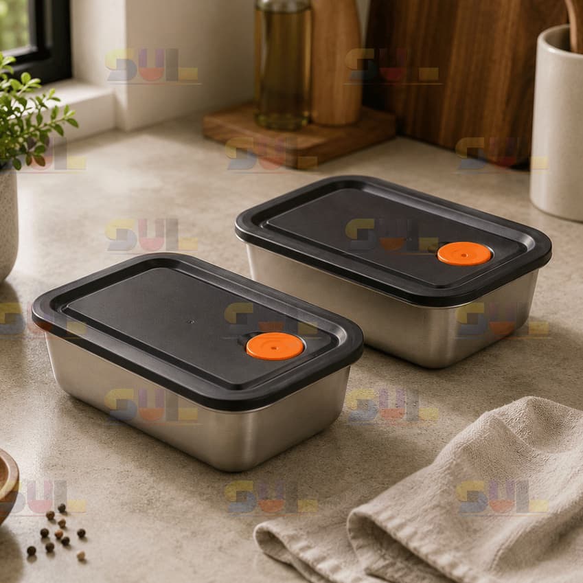 Kit 2 Potes Herméticos Aço Inox Retangular com Tampa - Organizador Cozinha Geladeira Multiuso