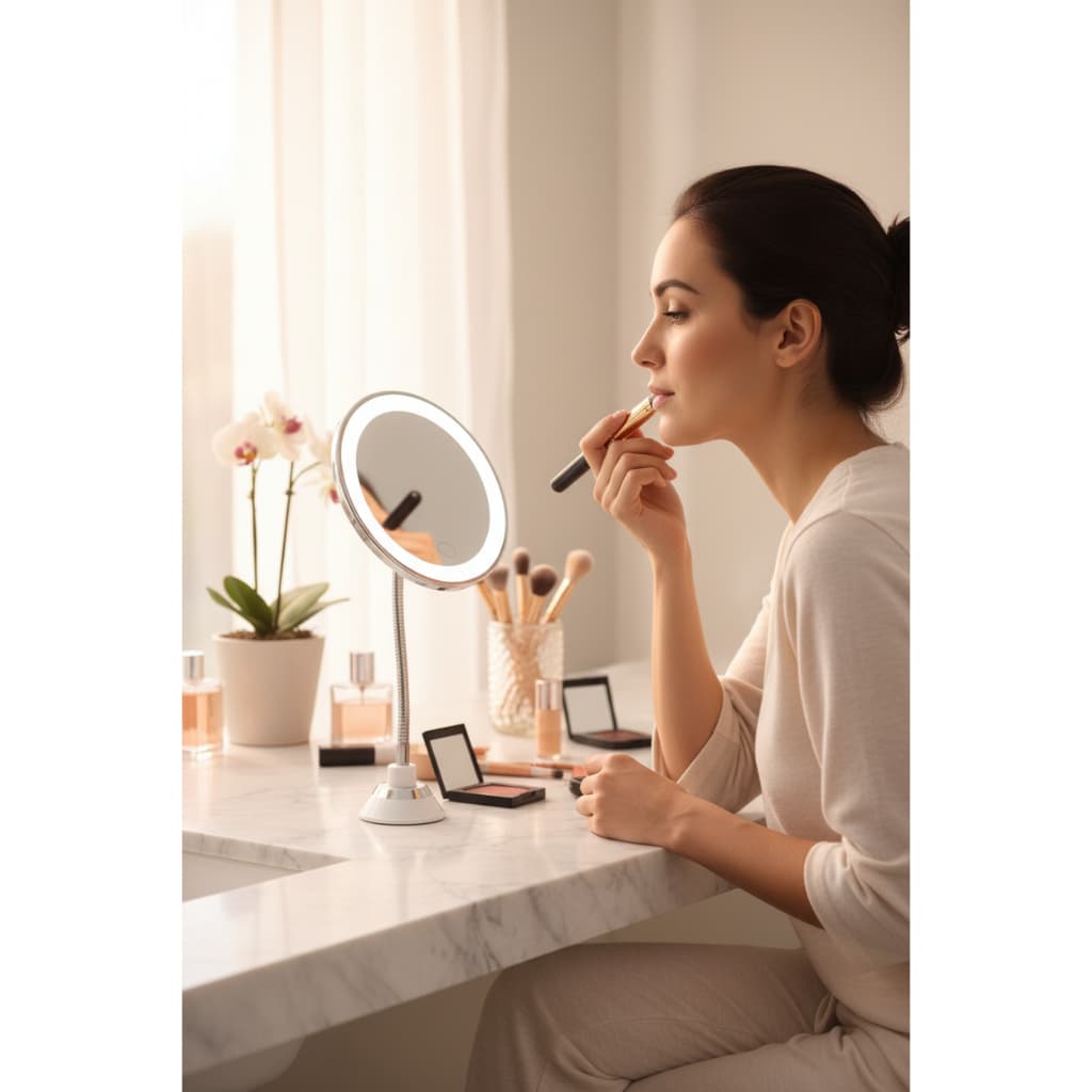 Espelho De Mesa Maquiagem LED Com Zoom 10x Haste Flexivel 360 E Ventosa Penteadeira Skincare Barbear Tomada USB Pilha