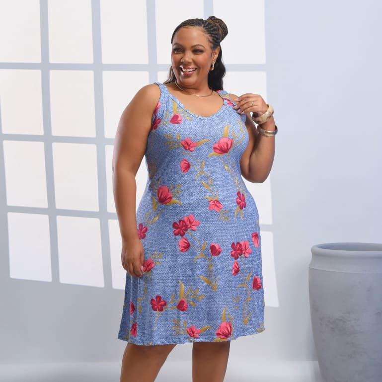 Vestido Plus Size Soltinho Estampa Floral Alça Franzida