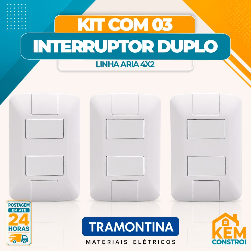 Kit 03 Interruptor Duplo Aria Tramontina 4x2 De Embutir Branco Tomadas e Interruptores