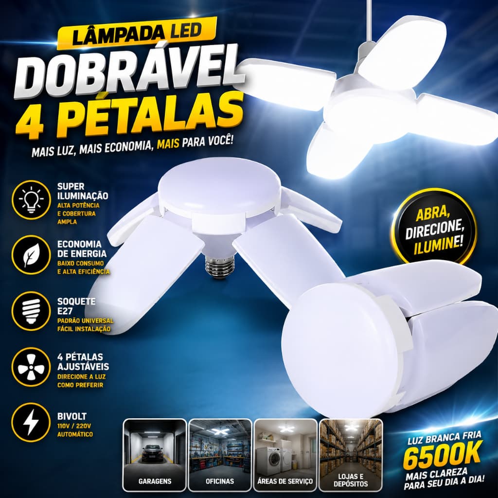 Lâmpada Led Dobrável 4 Pétalas E27 60w Super Branca 6500k mini