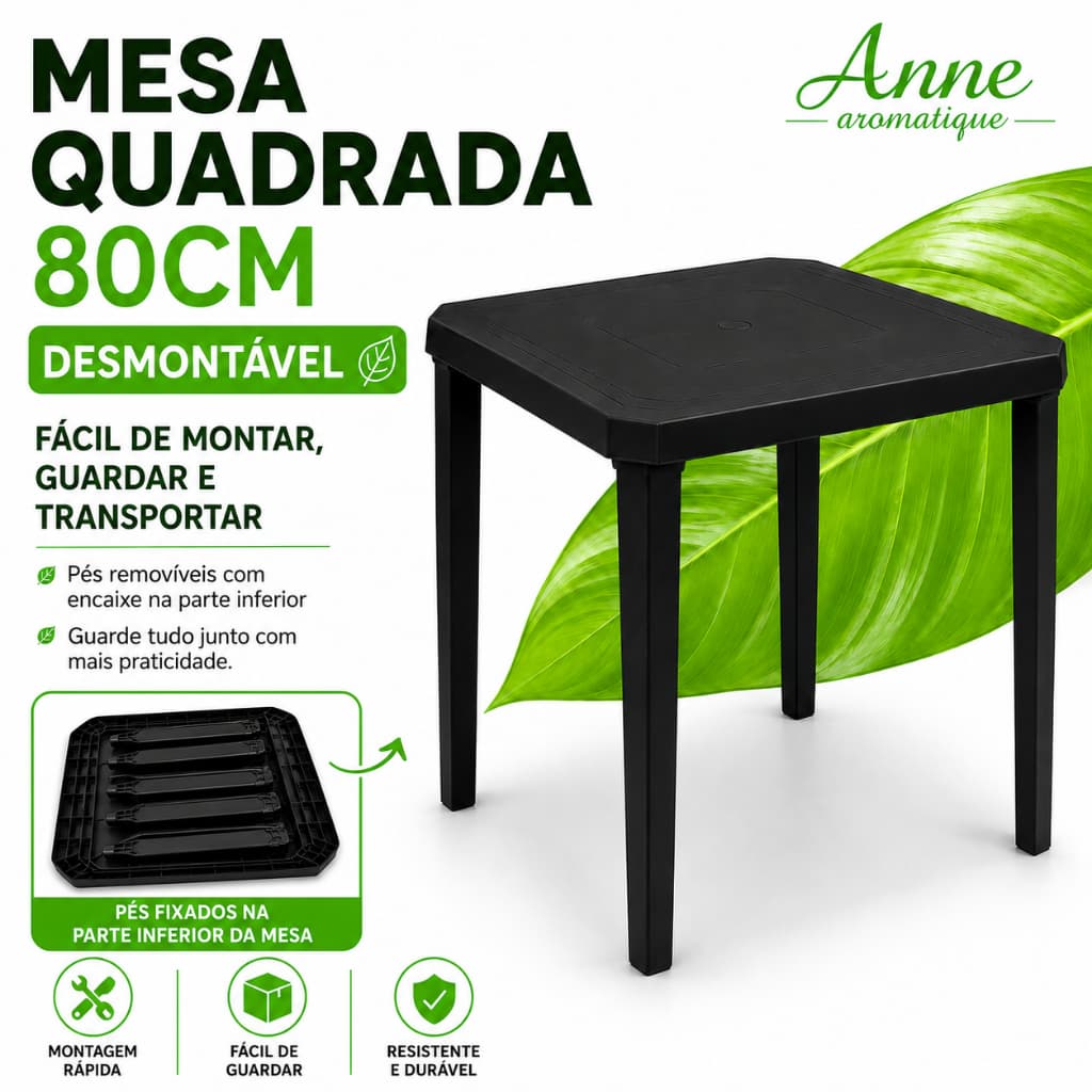 Mesa Quadrada Desmontável 80cm Bar Praia Jardim Cozinha Cor Preto Quintal