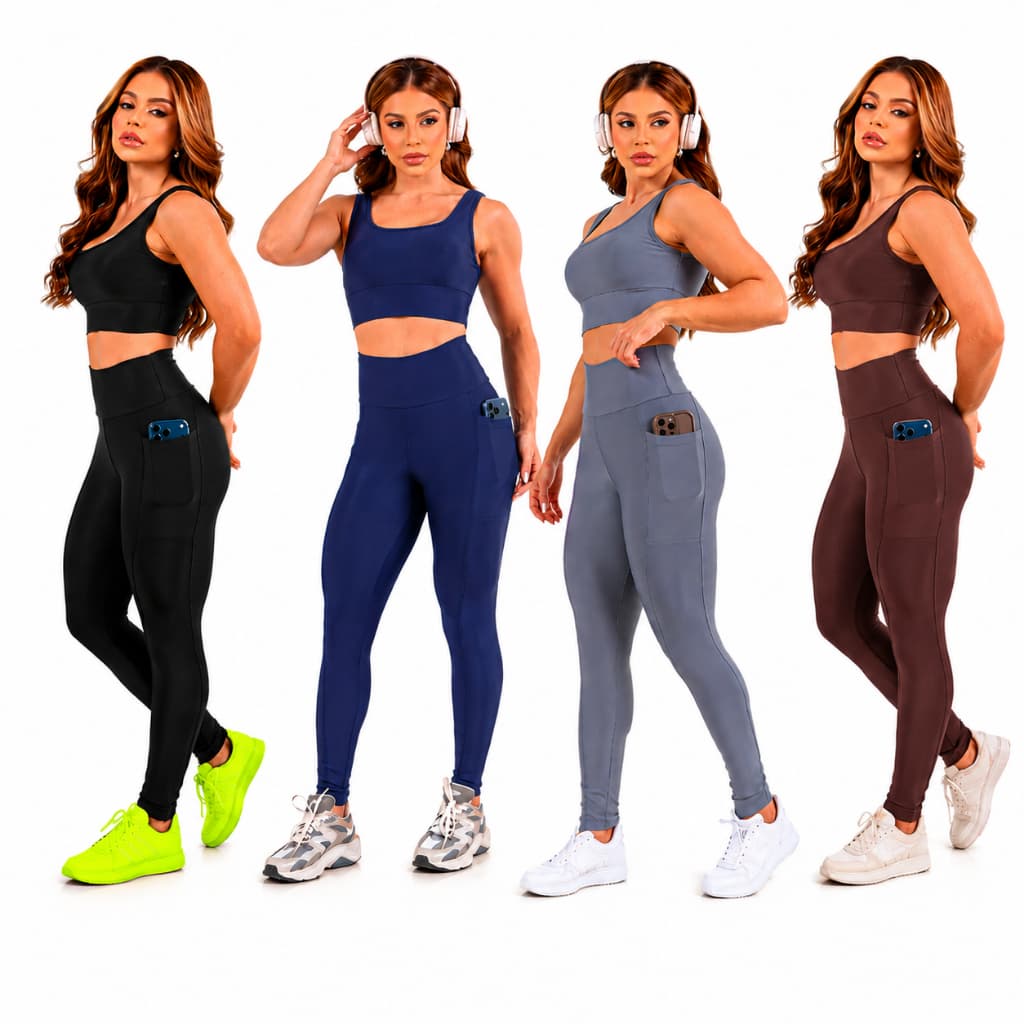 Kit 2 Conjuntos Academia Feminino Top Reforçado Calça Bolso Zero Transparência